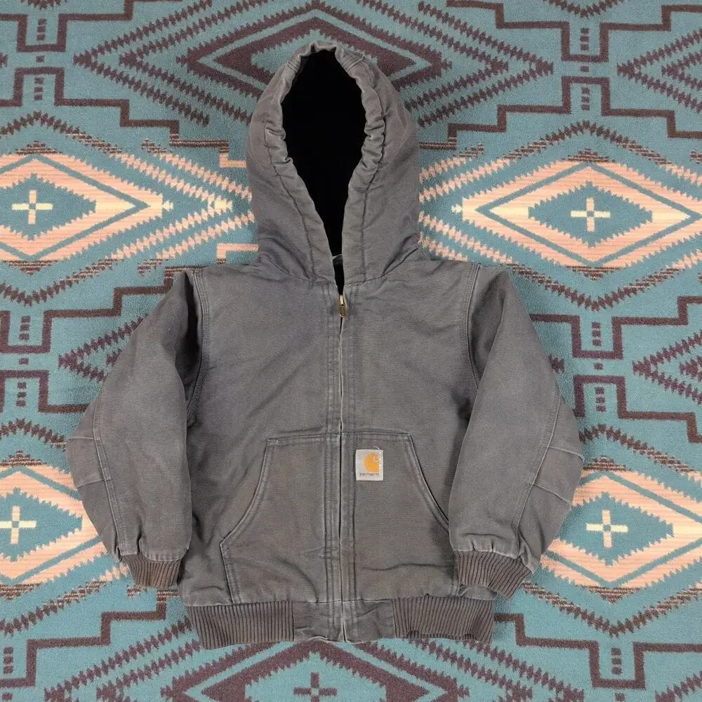 Kids Carhartt Hooded Jacket Gray Size 6 Extra Small Quilted Workwear Heavy Faded